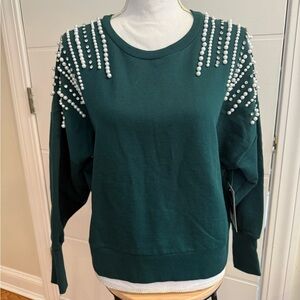 Women's Green Sweater with Pearl Embellishments